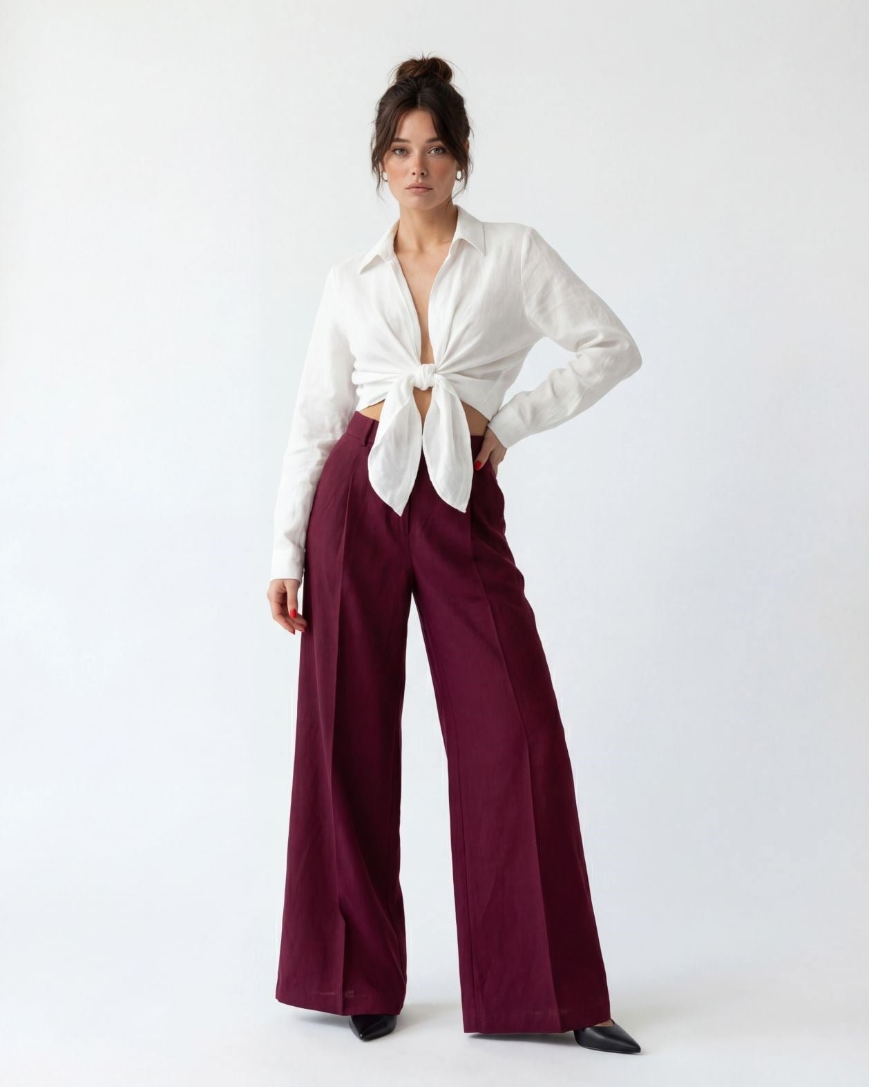 Keten Palazzo Pantolon Bordo