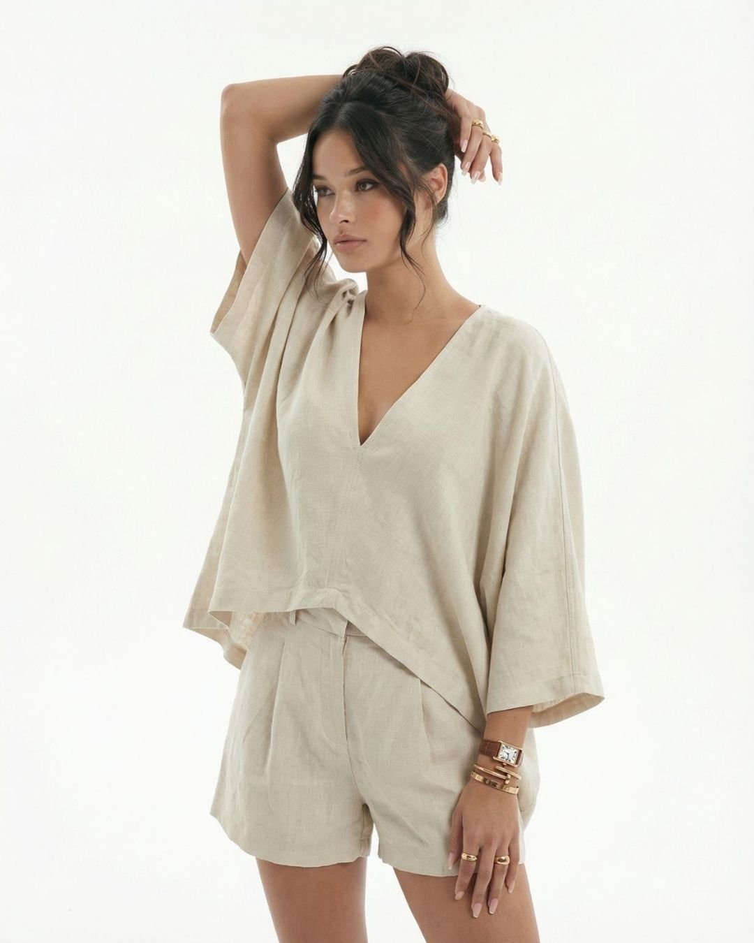 Keten Kimono Bluz & Şort Bej