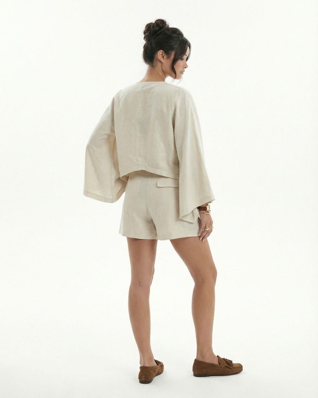 Keten Kimono Bluz & Şort Bej