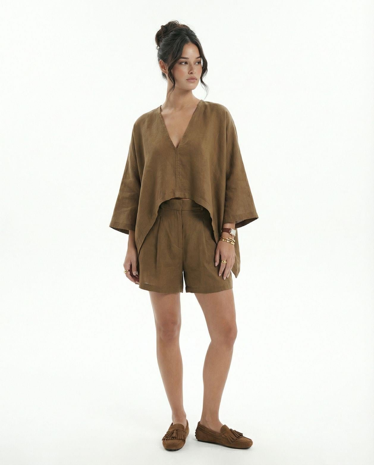 Keten Kimono Bluz & Şort Camel