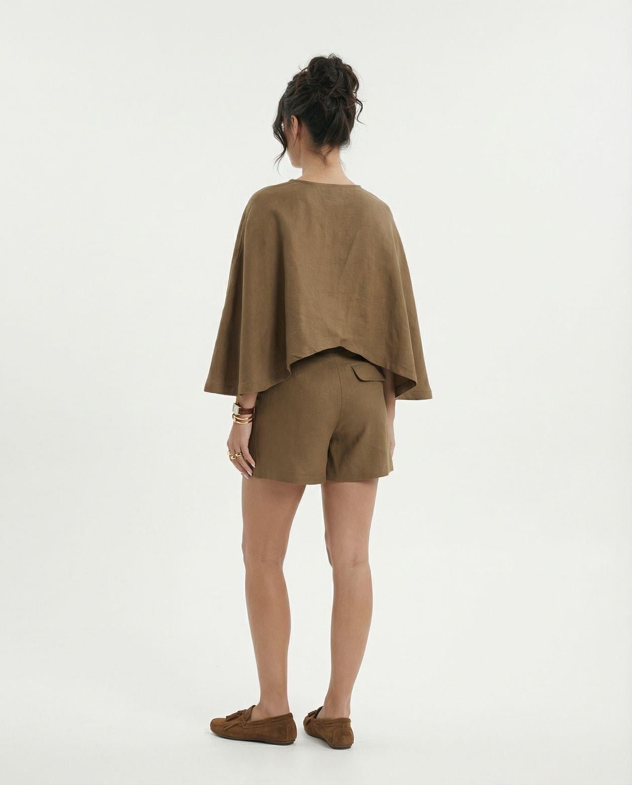 Keten Kimono Bluz & Şort Camel